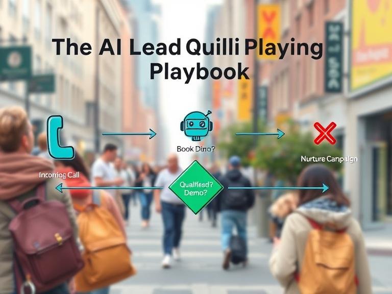 A flowchart showing the AI lead qualification process, from an incoming call and AI qualification to the decision point of either booking a demo for a qualified lead or routing an unqualified lead to a nurture campaign