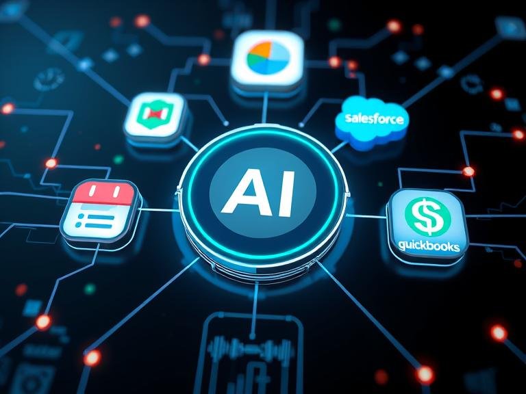 A diagram showing an AI virtual receptionist integrating seamlessly with popular business tools like CRM and calendar apps.