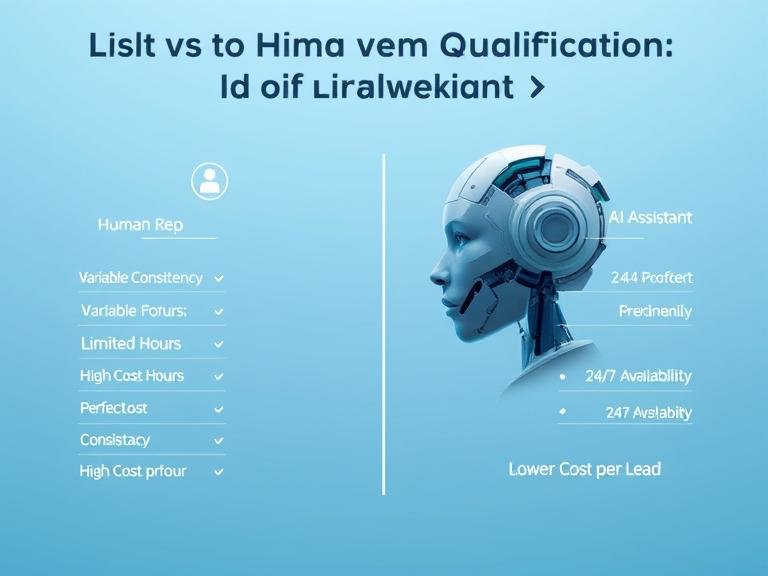 A comparison chart contrasting an AI assistant with a human sales representative for lead qualification, highlighting the benefits of AI in consistency, availability, and cost-effectiveness