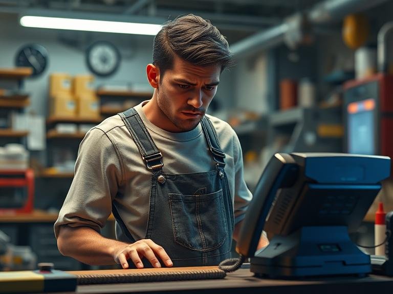 A frustrated small business owner missing a customer phone call, illustrating the problem of lost business opportunities.