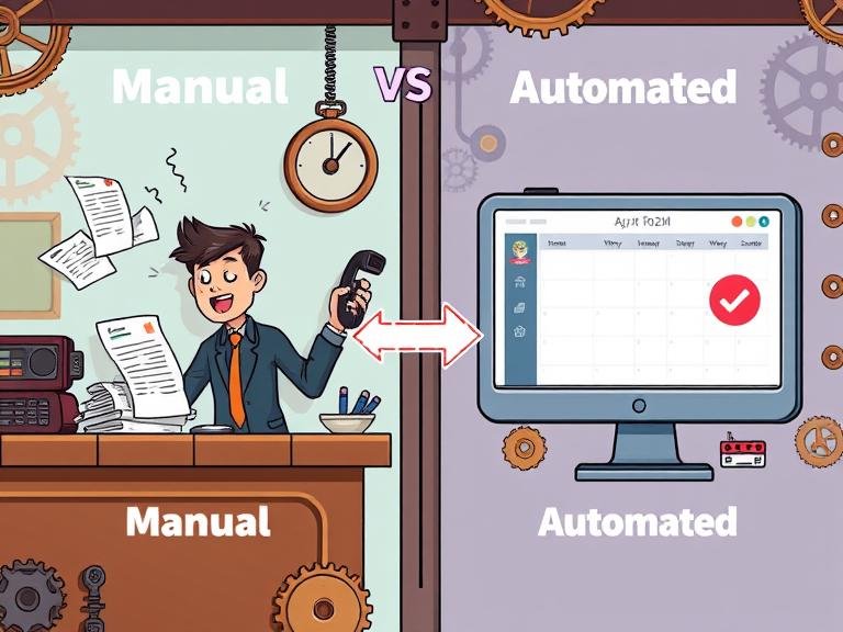 An infographic comparing manual and automated booking processes. The manual side shows a stressed employee with a phone and paper calendar, while the automated side shows a calm, efficient AI handling a digital schedule.