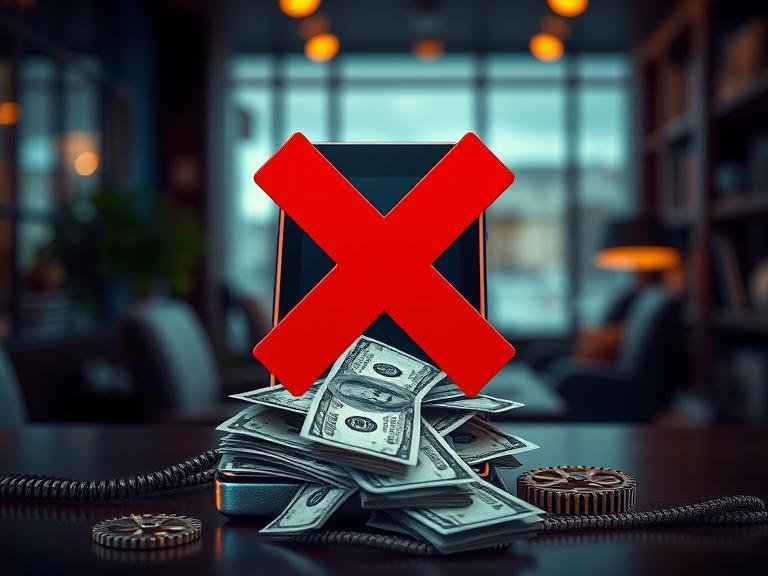 A conceptual image of a ringing phone with a red cross over it and money falling out, representing the lost revenue from missed customer calls for a small business.