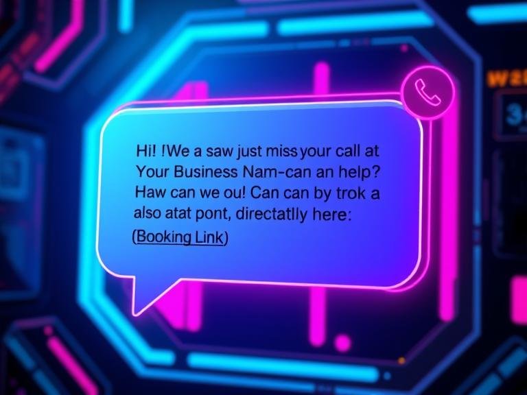 A screenshot of a text message showing an automated missed-call-to-text response with a personalized message and a link for a customer to book an appointment directly.