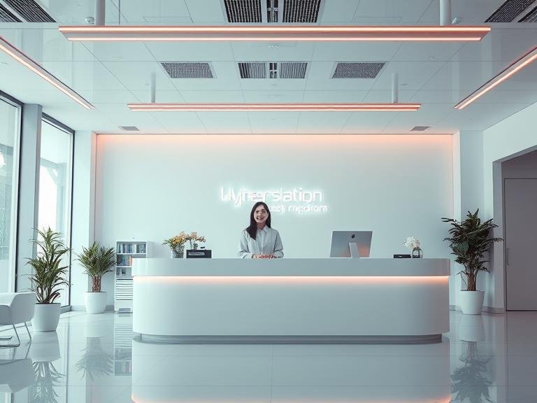 A smiling staff member providing calm, focused, in-person service at a tidy reception desk, illustrating how automation frees up employees to improve customer experience.