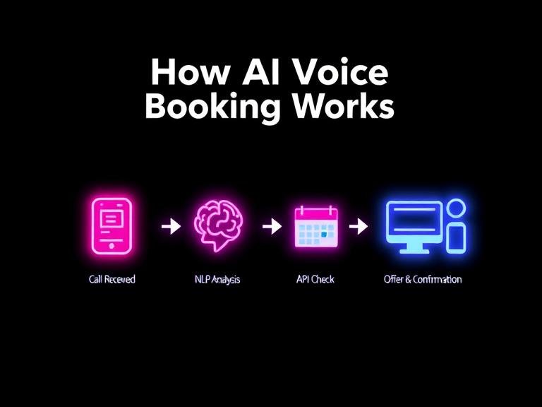 A flowchart diagram explaining how AI voice booking systems work, showing the steps from a call being received to natural language processing (NLP) and a calendar API check to final confirmation.