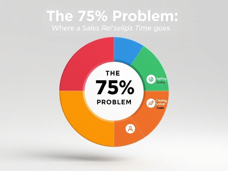 An infographic pie chart illustrating the "75% Problem," which shows only 25% of a sales rep's time is spent selling, with the remaining 75% consumed by administrative tasks and unqualified leads.