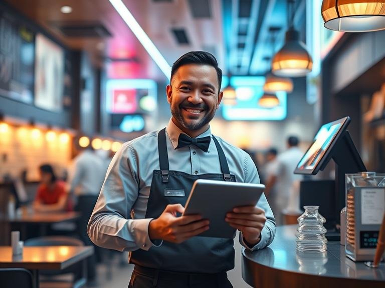 A happy and successful restaurant owner who has improved their business operations by using an AI phone system.