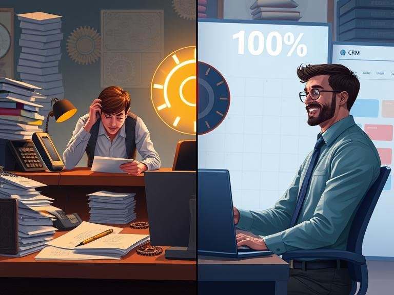 A split-screen banner showing the contrast between a chaotic sales process and an efficient, AI-powered one, highlighting the transformation from manual work to successful selling.