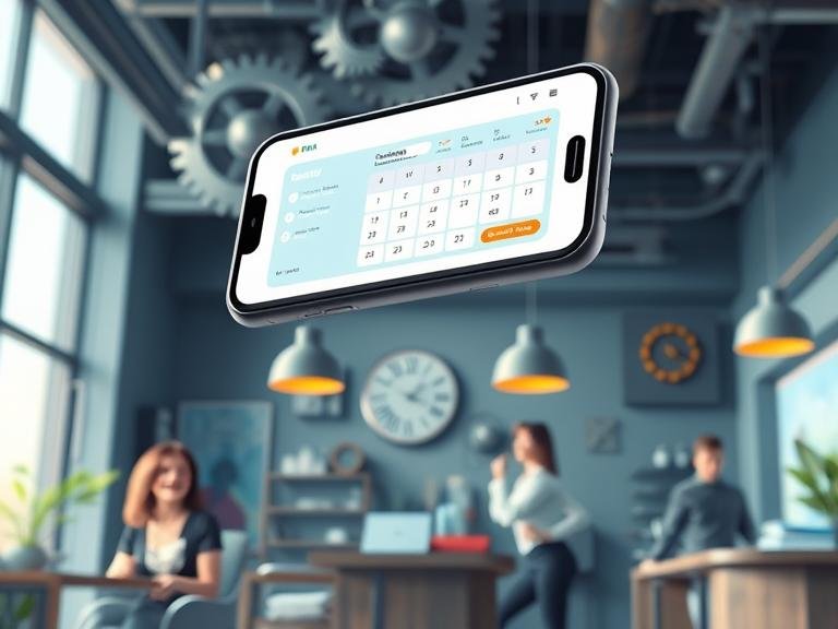 A wide-angle, modern banner image showing a smartphone with an AI booking calendar floating above a busy salon. It visually represents the shift from missed calls to a fully booked schedule, highlighting efficiency and technology for small businesses.